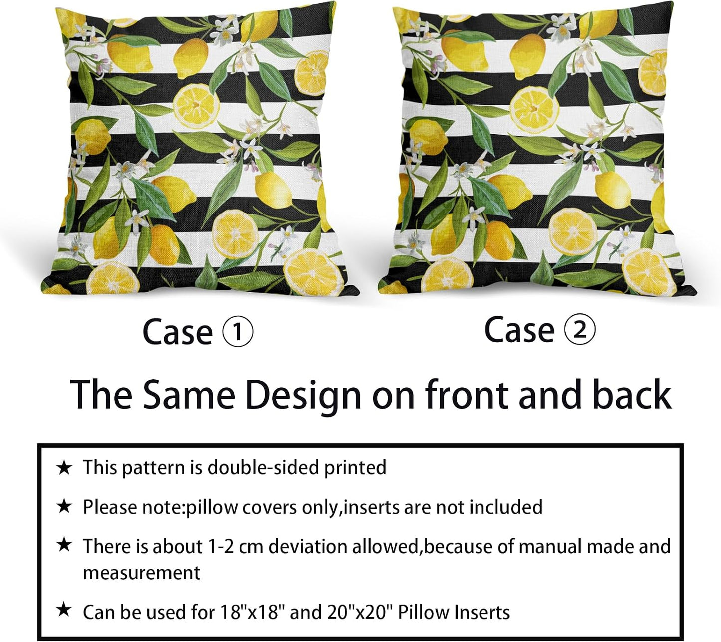 Lemon Pillow Covers 18x18 Inch Set of 2 Summer Fruit Black and White Stripes Linen Cotton Decorative Throw Pillow Case Floral and Leaves Cushion Cover for Bedroom Sofa Living Room Chair Home Decor