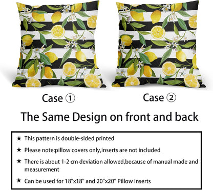 Lemon Pillow Covers 18x18 Inch Set of 2 Summer Fruit Black and White Stripes Linen Cotton Decorative Throw Pillow Case Floral and Leaves Cushion Cover for Bedroom Sofa Living Room Chair Home Decor