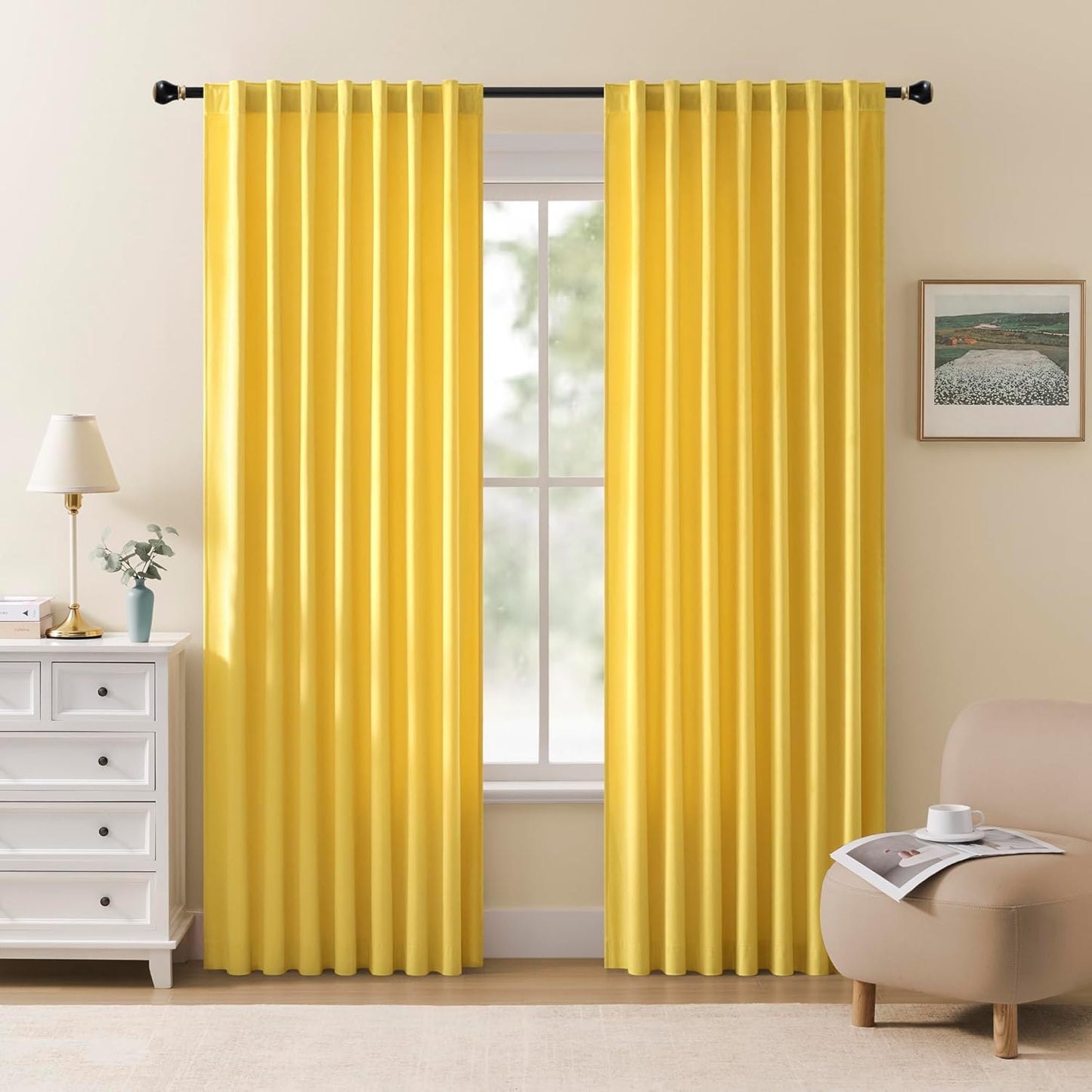 Miss SELETEX 2 Panels Blackout Velvet Curtains Solid Soft Yellow Curtains Back Tab Thermal Insulated Soundproof Room Darkening Drapes/Panels for Living Room Bedroom 52 x 84 Inch Length.
