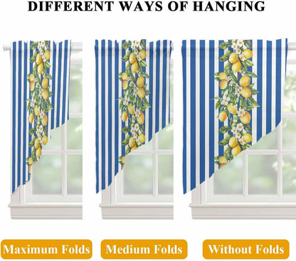 Blue Stripes Lemon Swag Curtains 36 Inch Length 2 Panels Set,Spring Fruit Flowers Leaves Line Semi-Sheer Curtain Drapes Rod Pocket Valance For Kitchen,Living Room,Bedroom,Bathroom Window 56"Wx36"L