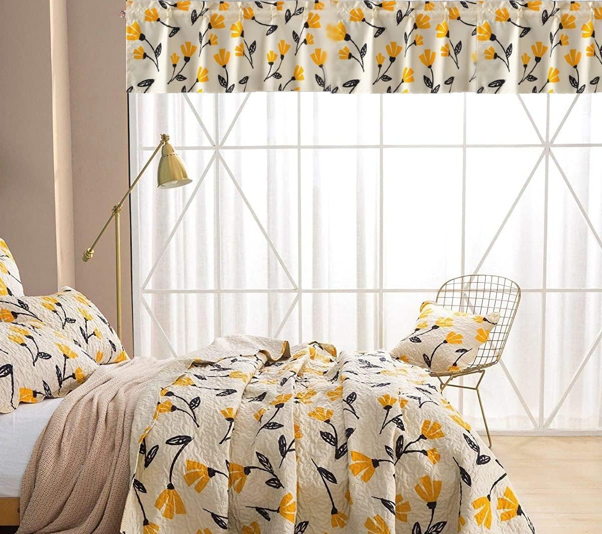 DaDa Bedding Botanical Yellow Fleur Floral Window Curtain - Semi Sheer Valance Spring Country Farmhouse Pale Ivory Background - Golden Orange Straight Tailored Edge Kitchen Decor - 18" x 52"