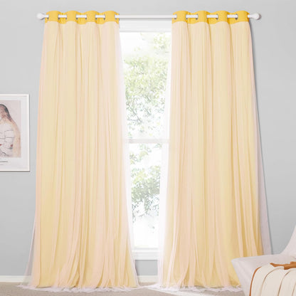 PONY DANCE Lemon Yellow Blakcout Curtains with White Sheer Overlay for Bedroom, Double Layer Grommet Drapes 84 Inches Long for Nursery/Living Room, 2 Panels Set with 4 Tiebacks, 52" W x 84" L