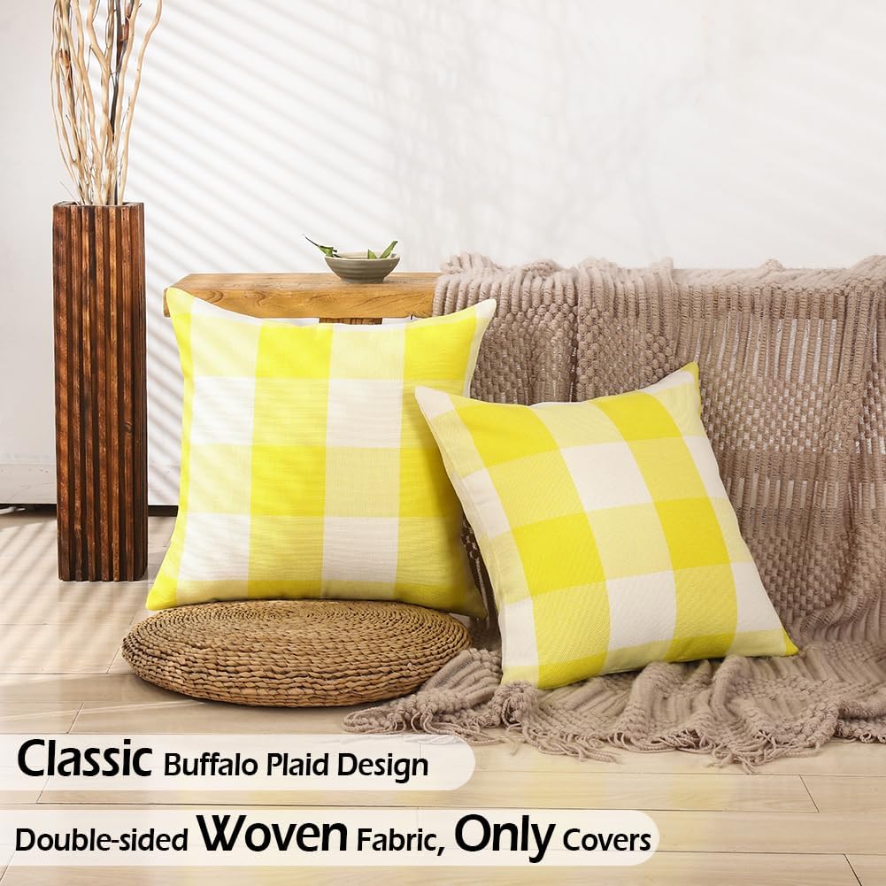 CARRIE HOME Yellow Buffalo Plaid Summer Outdoor Pillow Covers 18x18 Set of 2, Yellow Checkered Decorative Couch Pillow Covers 18 x 18, Front and Back Porch Decor Pillows for Patio Furniture