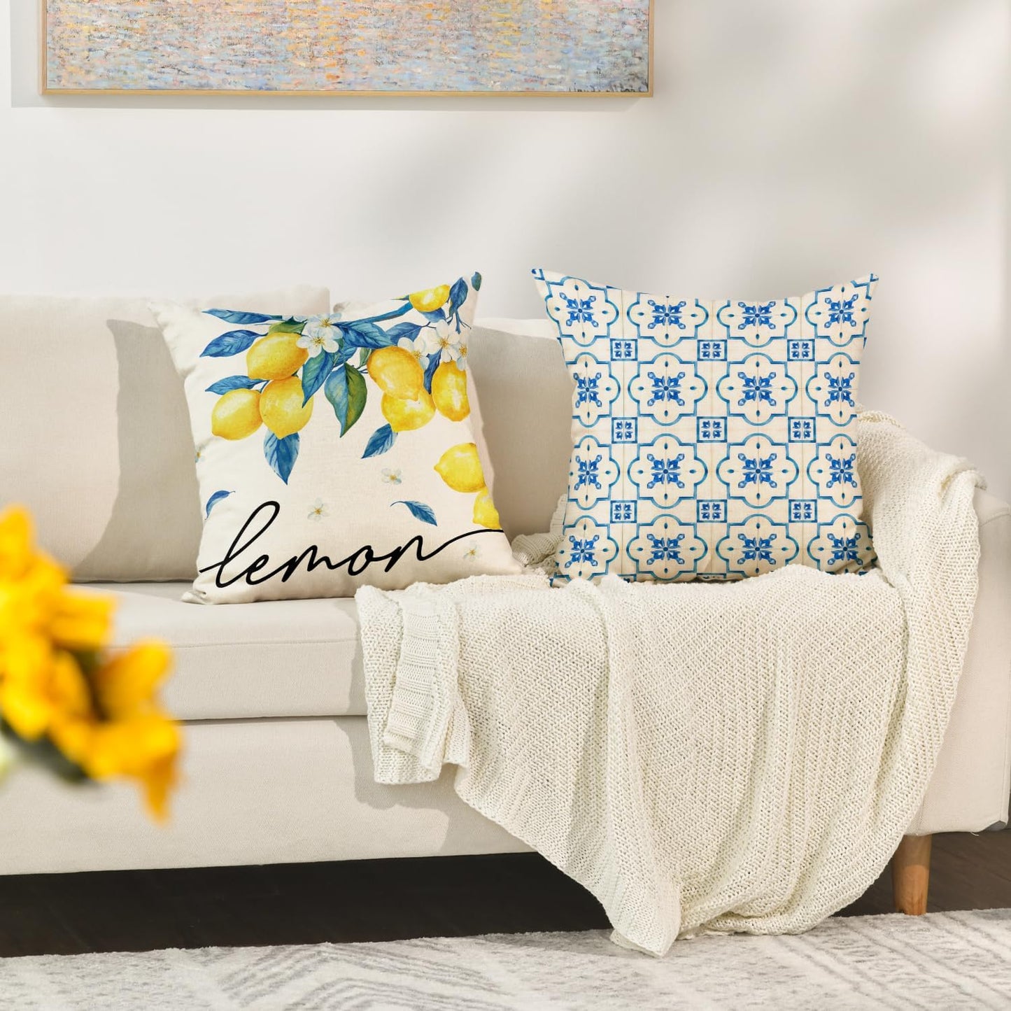 AVOIN colorlife Lemon Summer Throw Pillow Covers, 20 x 20 Inch Bule Diamond Check Bamboo Summer Cushion Case for Sofa Couch Set of 4