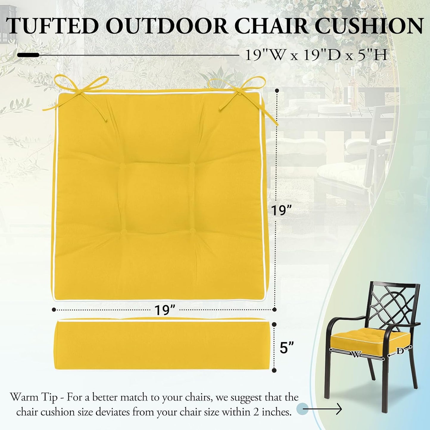 Wellsin Outdoor Chair Cushions Set of 2, Patio Cushions for Outdoor Furniture, Tufted Water-Resistant Outdoor Chair Pads, 19 x 19 Inch, Yellow