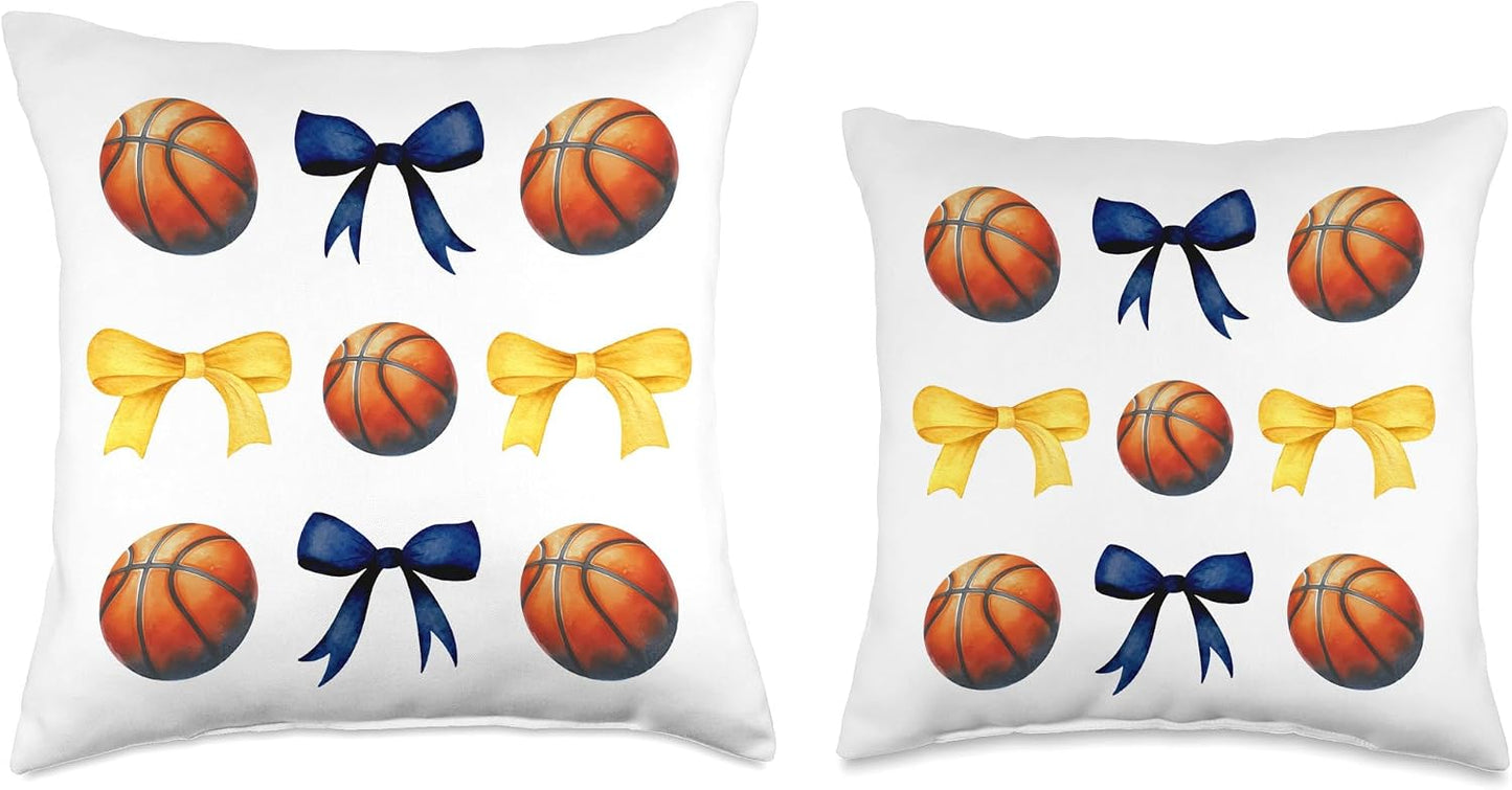 Basketballs & Bows for Girls Basketball Player Blue & Yellow Throw Pillow