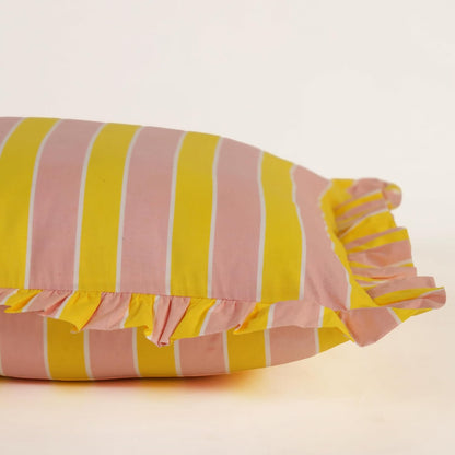Hand Printed, Artisan-Made Neutral Accent Throw Cushion Cover- Thick Cotton Cushion for Sofa, Bed, Chair, Home Decor, Gifting, Spring Vibe, Boho- Stripe (2, Pink & Yellow, 20"X20")