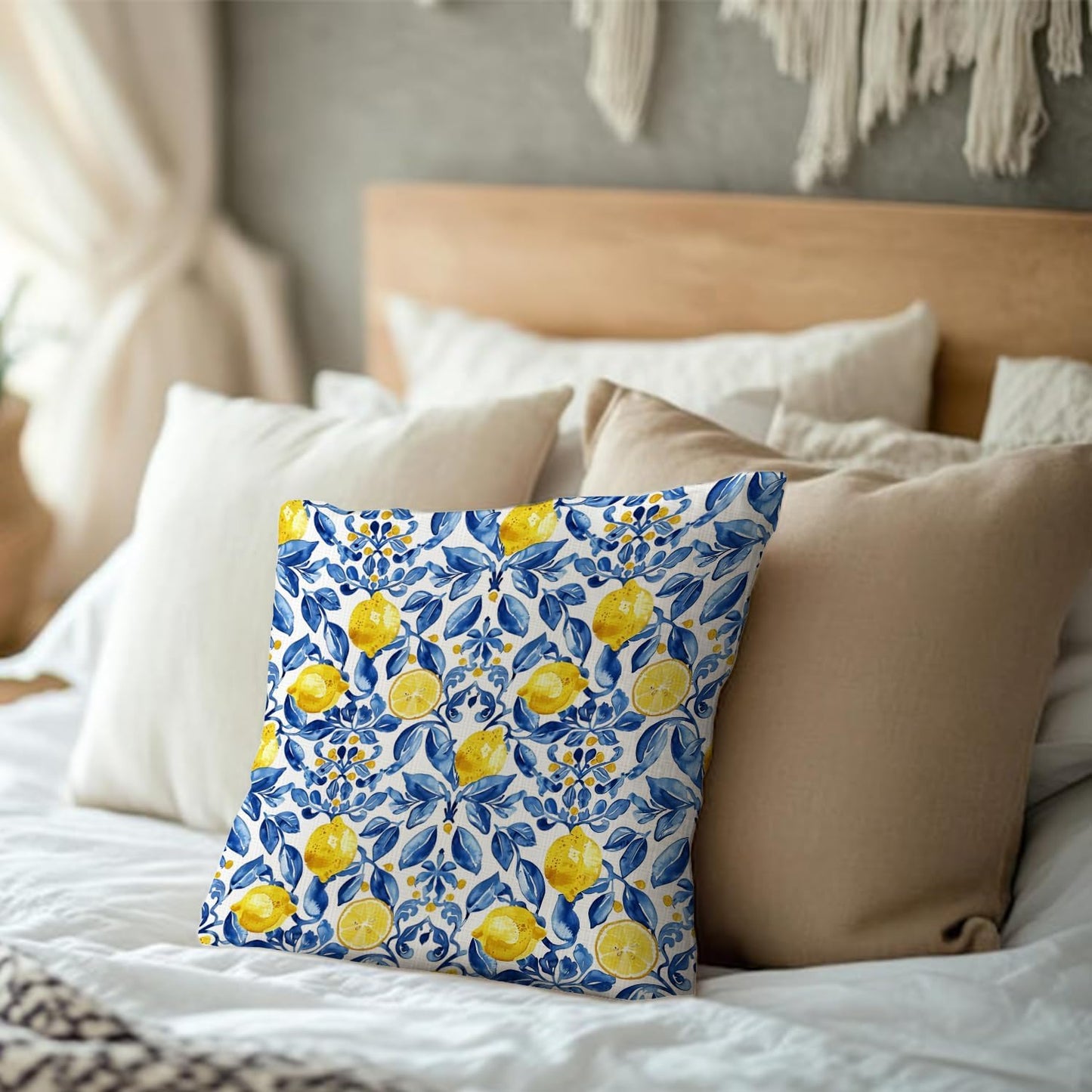 Blue Chinoiserie Lemon Pillow Cover 18x18, Lemon Gifts Decorative Pillow Cover for Couch Bed Living Room Bedroom, Rustic Italian Mediterranean Room Decor