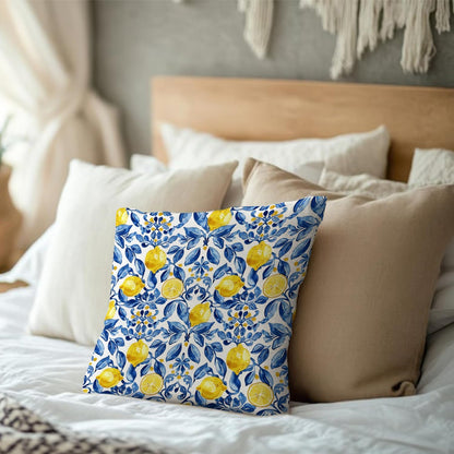 Blue Chinoiserie Lemon Pillow Cover 18x18, Lemon Gifts Decorative Pillow Cover for Couch Bed Living Room Bedroom, Rustic Italian Mediterranean Room Decor