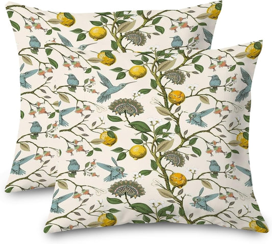 Chinoiserie Pillow Cover, Hummingbird Lemon Pillow Covers 18x18 Set of 2, Grandmillennial Pillow Cover, Lemon Outdoor Pillows Cover, Gifts for Hummingbird Lovers