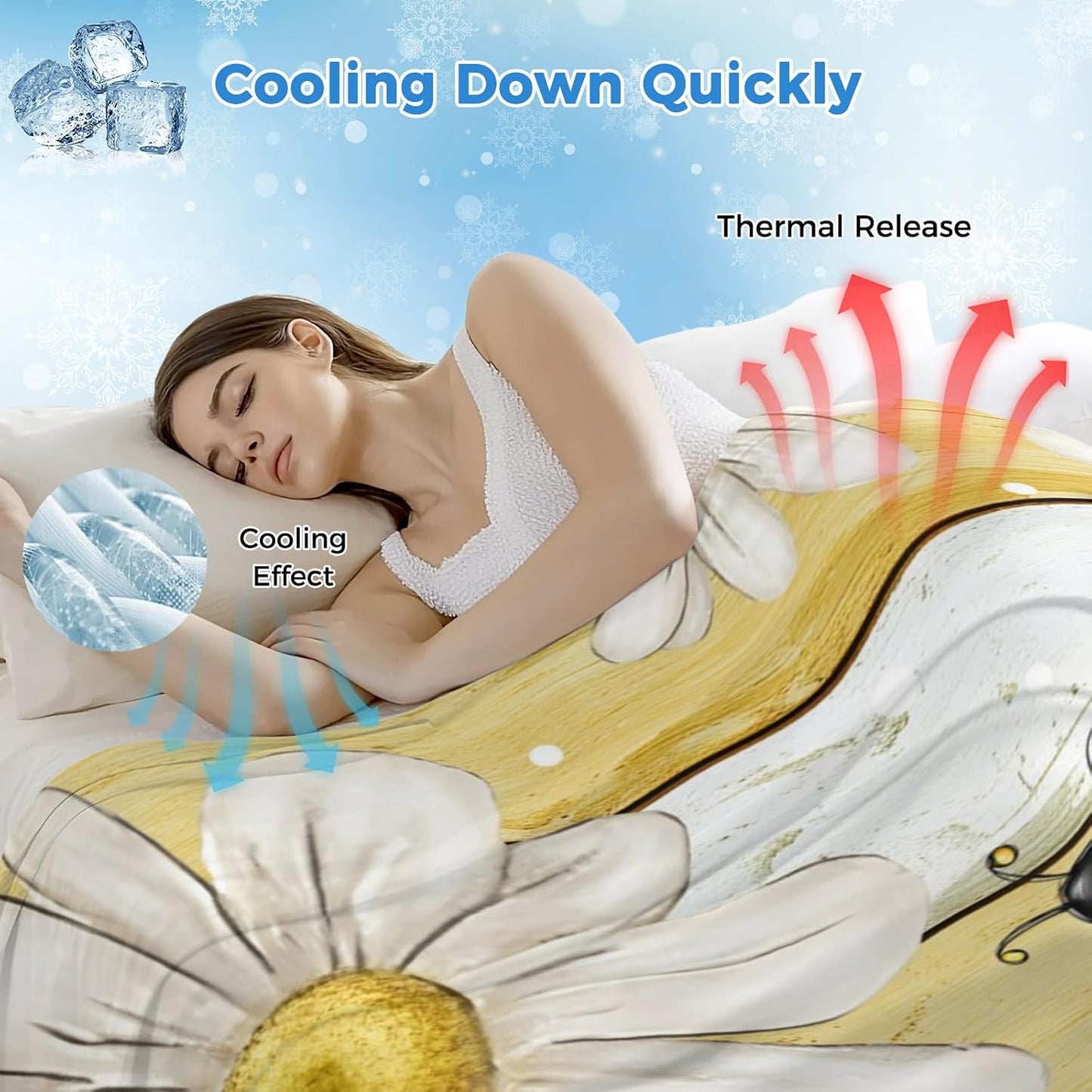 Cooling Blanket for Hot Sleepers, White Daisy Farmhouse Lightweight Breathable Summer Blanket, Garden Floral Bees Yellow Wooden Double-Side Cool Throw Blankets for Sleeping Travel, 40"x60"