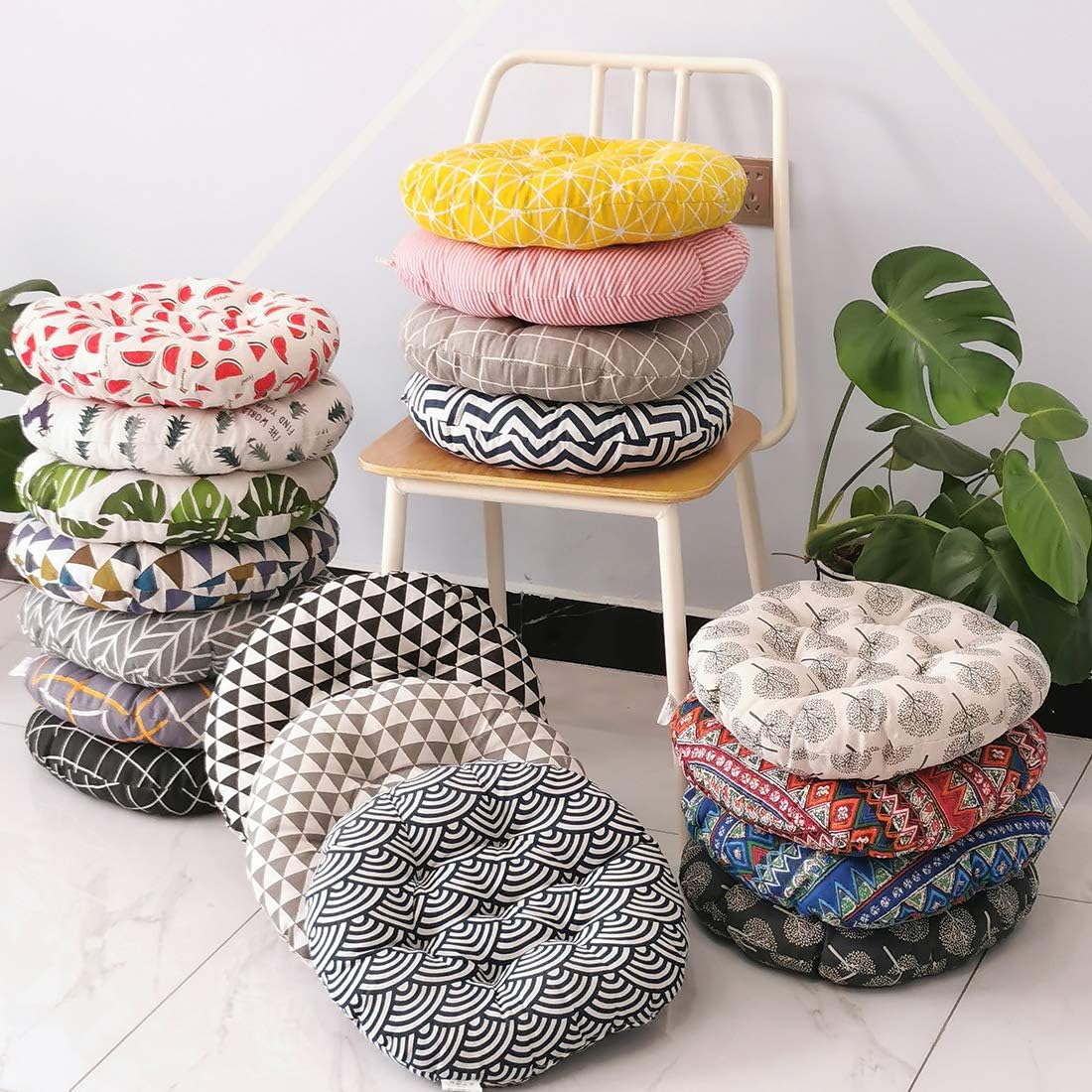 vctops Bohemian Soft Round Chair Pad Garden Patio Home Kitchen Office Seat Cushion Grid Yellow Diameter 16"