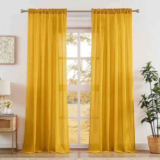 Anpark Elegant Gold Sheer Curtains 84 Inches Long for Living Room, Bedroom Natural Cotton Textured Light Filtering Yellow Semi Sheer Curtains Linen Rod Pocket Voile Drapes, W52 x L84 in, 2 Panels