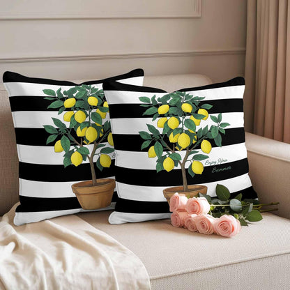 Summer Lemons Outdoor Waterproof Pillow Covers Set of 2, Yellow Fruit Leaf Black White Striped Abstract Pillowcase Decorative Throw Cushion Cases for Patio Garden Couch 18 x 18 Inches