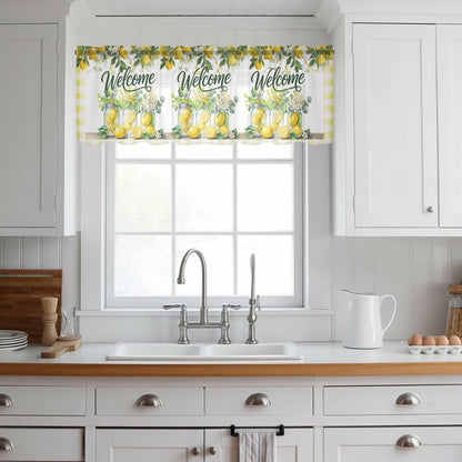Summer Lemon Sheer Curtains Valances for Windows Yellow Plaid Fruits Floral Botanical Chiffon Kitchen Valances for Cafe, Rod Pocket Voile Window Treatments Curtains for Living Room Bedroom, 54"x18"