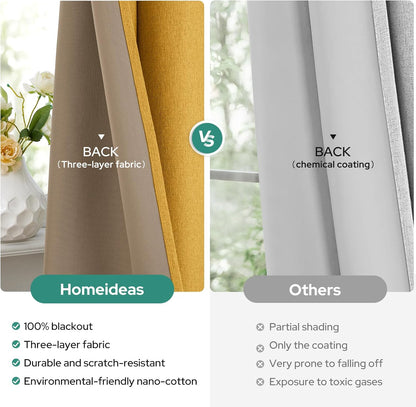 HOMEIDEAS Mustard Yellow 100% Blackout Curtains 2 Panels Linen Room Darkening Curtains 52 X 84 Inches Thermal Insulated Grommet Window Drapes with Liner for Living Room, Bedroom, Nursery