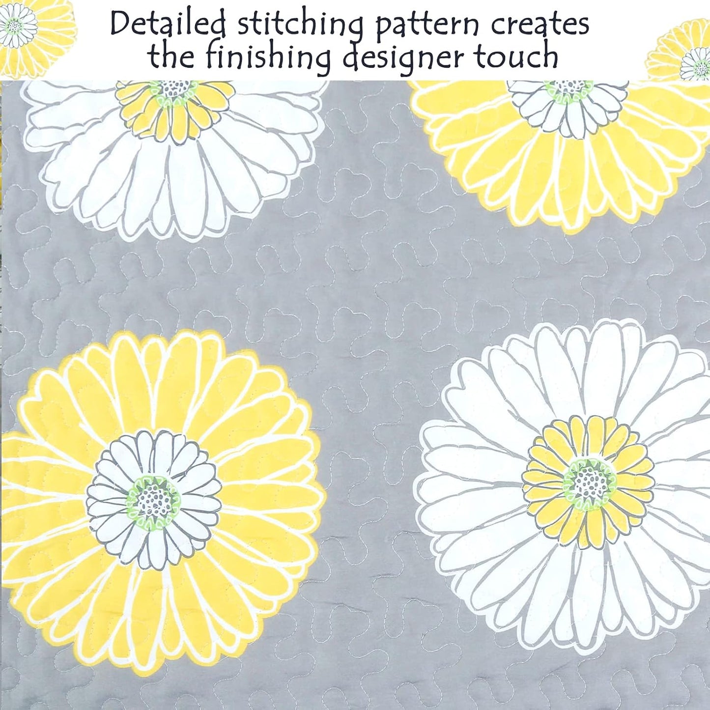 Cozy Line Home Fashions Yellow White Gray Daisy Sunflower Floral Reversible Quilt Bedding Set, Bedspread, Coverlet Lightweight for All Seasons (Sunflower, King - 3 Piece)