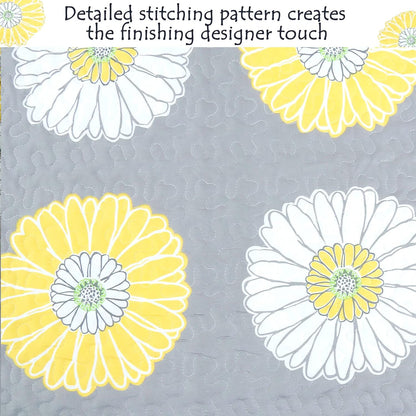 Cozy Line Home Fashions Yellow White Gray Daisy Sunflower Floral Reversible Quilt Bedding Set, Bedspread, Coverlet Lightweight for All Seasons (Sunflower, King - 3 Piece)