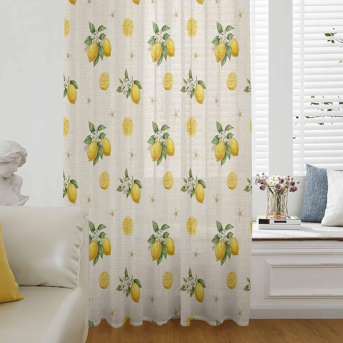 Sheer Curtains 63 Inches Long for Living Room/Bedroom, Cute Lemon Summer Rod Pocket Voile Kitchen Curtains & Drapes Window Treatment 1 Panel, 52"W x 63"L Farmhouse Floral Retro Linen Texture