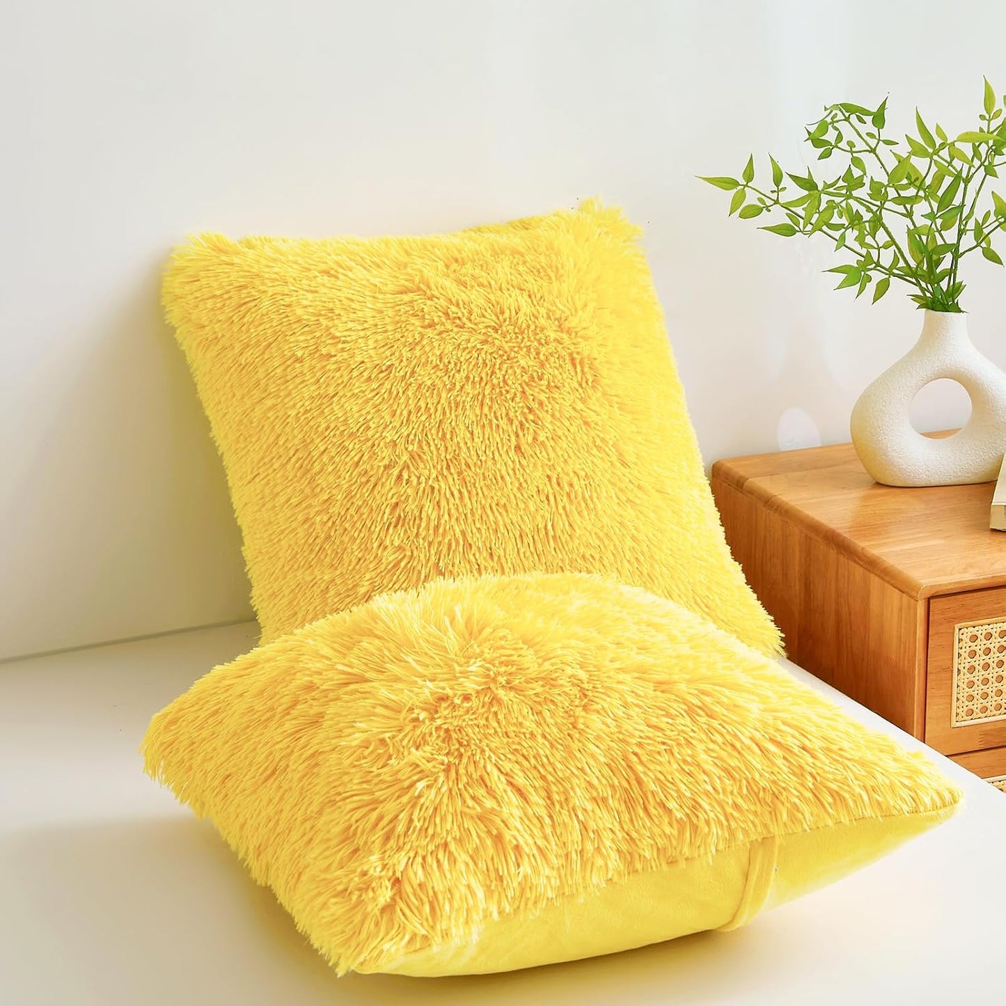 Fluffy Throw Pillow Covers Yellow 18"x18" Faux Fur Furry Cushion Covers Shaggy Plush Fuzzy Pillow Cases Decorative Pillow Shams with Zipper Set of 2 for Sofa Living Room Bedroom Interior