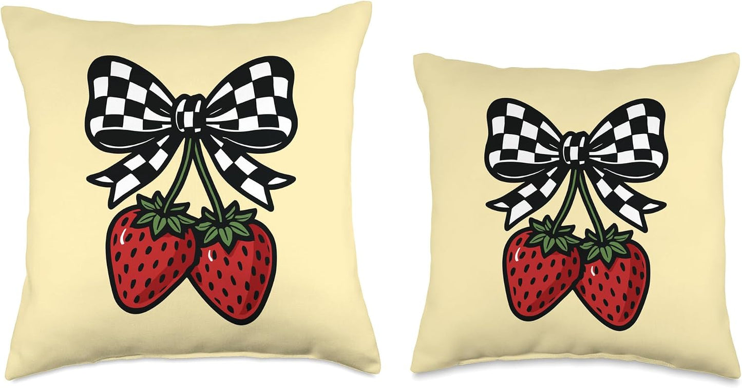 Strawberry Checkered Bow Coquette Butter Yellow Throw Pillow