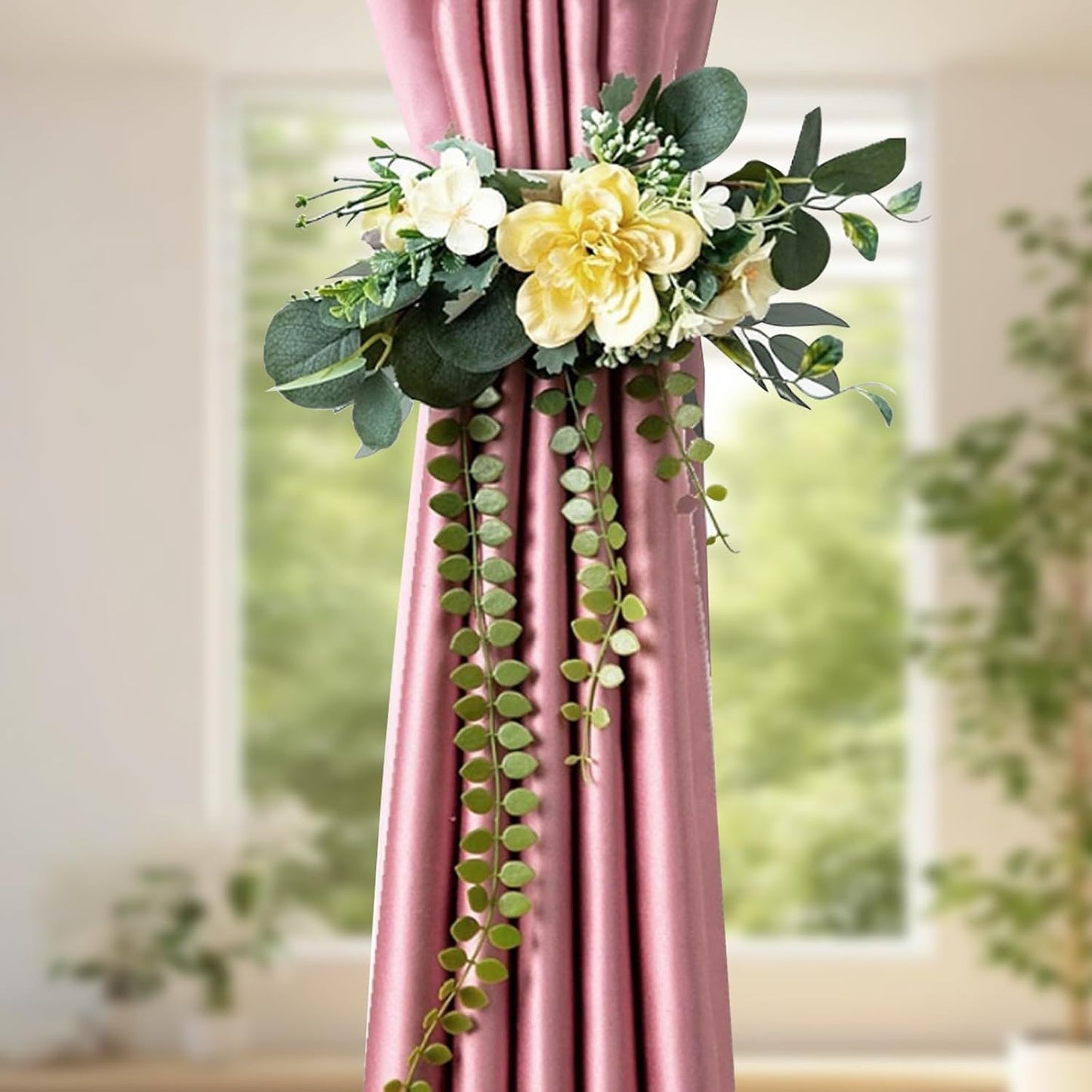 Artificial Flower Curtain Tiebacks No-Drill, Yellow-2Pcs | Rose Flower Design, Easy to Use, Elegant Window Curtain Decor