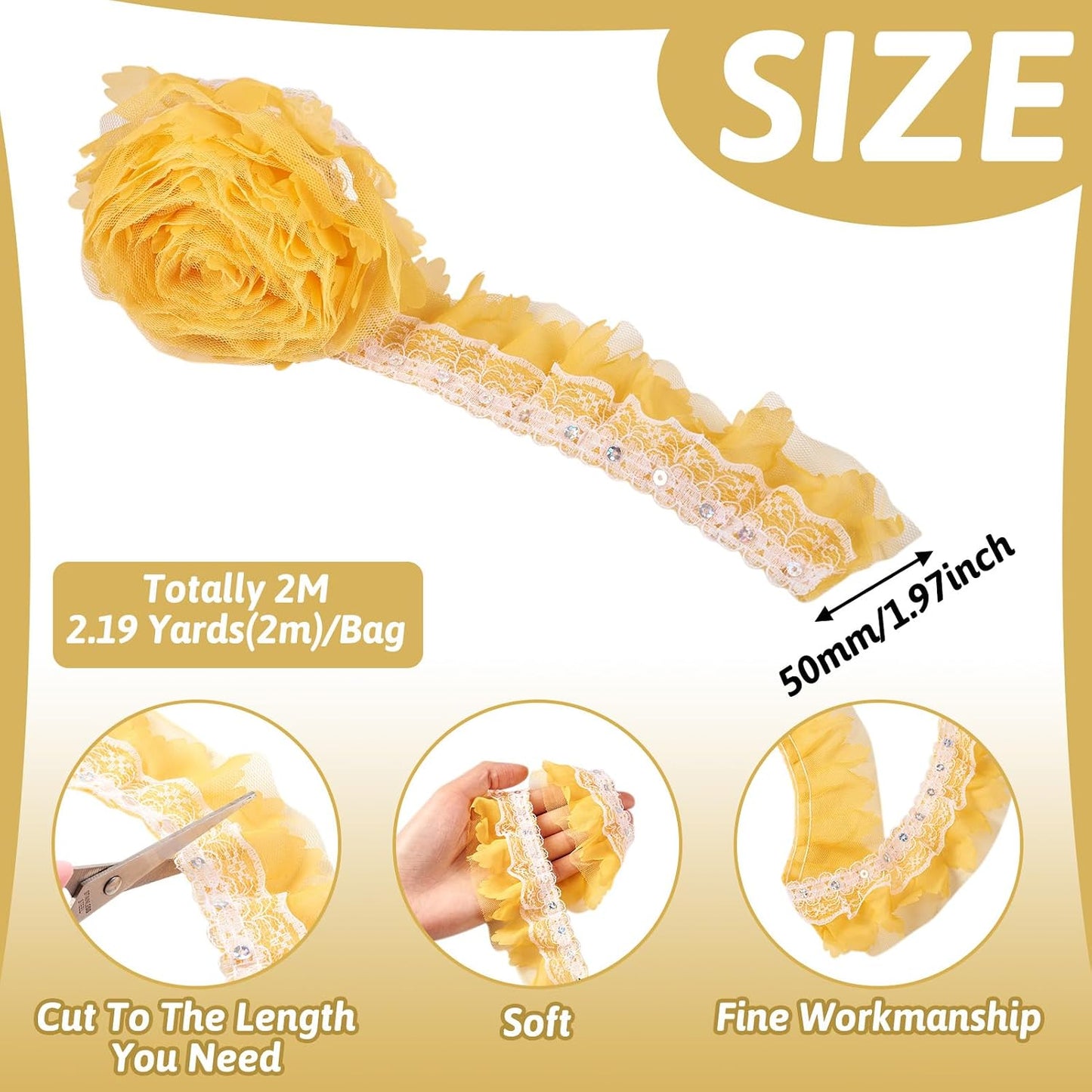 FASHEWELRY Yellow Ruffle Trim 2.2 Yards Organza Lace Trim 2 Inch Pleated Ribbon 2-Layer Fabric Trimming for Sewing Crafts Wedding Bridal Dress Appliques Headdress