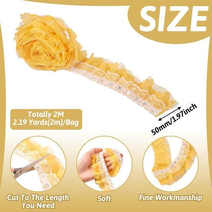 FASHEWELRY Yellow Ruffle Trim 2.2 Yards Organza Lace Trim 2 Inch Pleated Ribbon 2-Layer Fabric Trimming for Sewing Crafts Wedding Bridal Dress Appliques Headdress