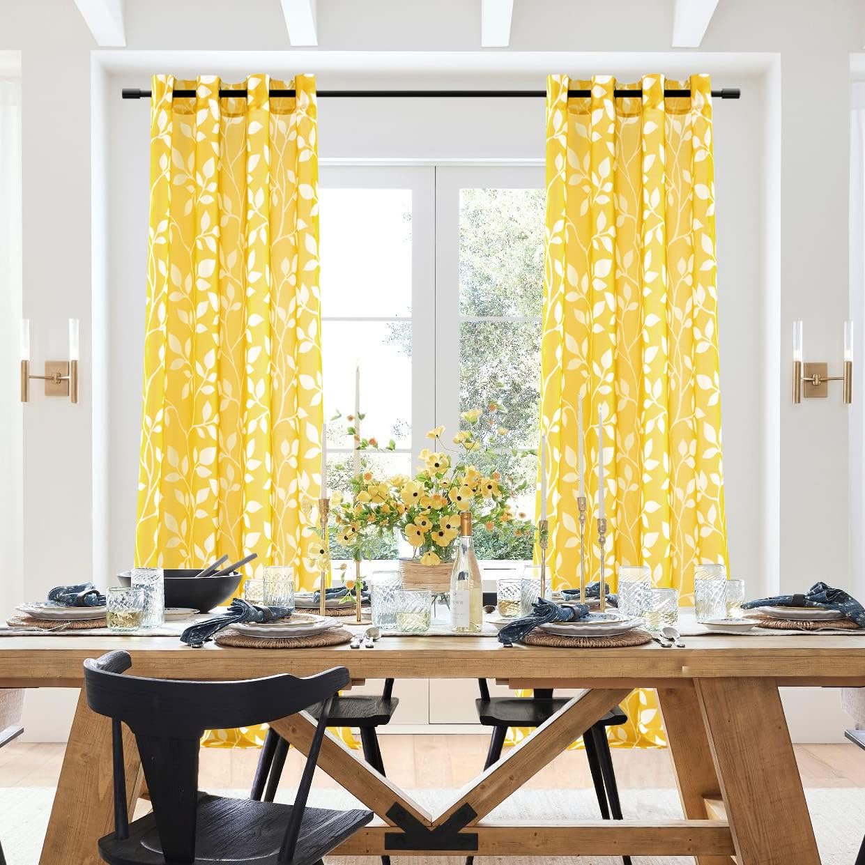 XTMYI Yellow Sheer Pattern Curtains for Living Room 84 Inches Long,Spring Decor Lightweight Leaf Floral Printed Curtains for Bedroom Dining Room 84 Inch Length 2 Panels Set,Mustard Yellow and White