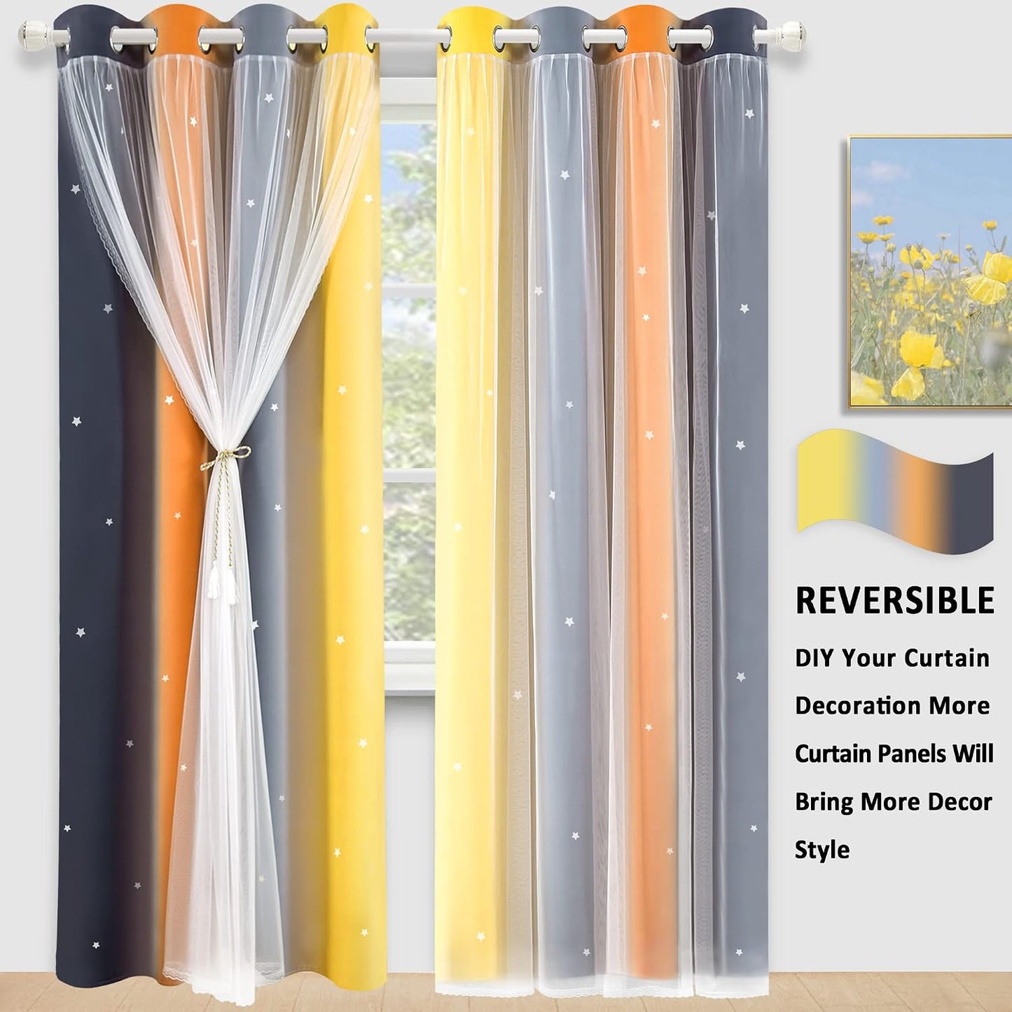 Nursery/Kids/Girls Room Star Cut Out Blackout Rainbow Curtain with Sheer Overlay 2 Panels, Each 52 inch Wide,108 inch Length with White Gauze,Ombre Stripe Rainbow Curtains (2 Pcs,52x108 Inch)