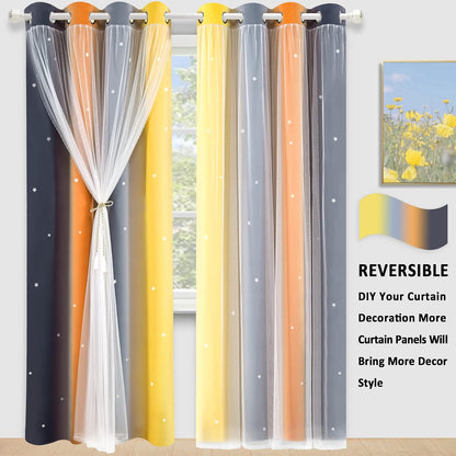 Nursery/Kids/Girls Room Star Cut Out Blackout Rainbow Curtain with Sheer Overlay 2 Panels, Each 52 inch Wide,108 inch Length with White Gauze,Ombre Stripe Rainbow Curtains (2 Pcs,52x108 Inch)