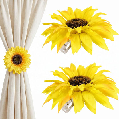 2Pcs Sunflower Curtain Tiebacks Yellow Floral Decor for Farmhouse Bedroom Window Treatments Decorative Drapery Tie Up Hooks No Drill Holders for Boho Curtains