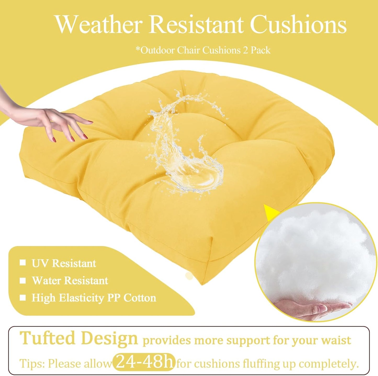MTMR Outdoor Chair Cushions Set of 2, 19x19 Waterproof Wicker Seat Cushions for Patio Furniture, Tufted Outdoor Replacement Furniture Pad for Porch Lawn Wicker Desk Dining Rocking Chair, Yellow
