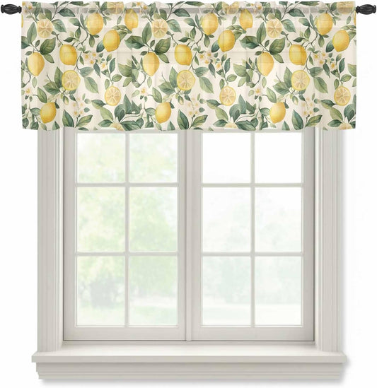Vintage Lemon Sheer Curtain 18 Inch Long Fruit Leaf Floral Beige Background Country Light Filtering Rod Pocket Voile Curtain Valance for Bedroom Kitchen Cafe Window 54" W x 18" L