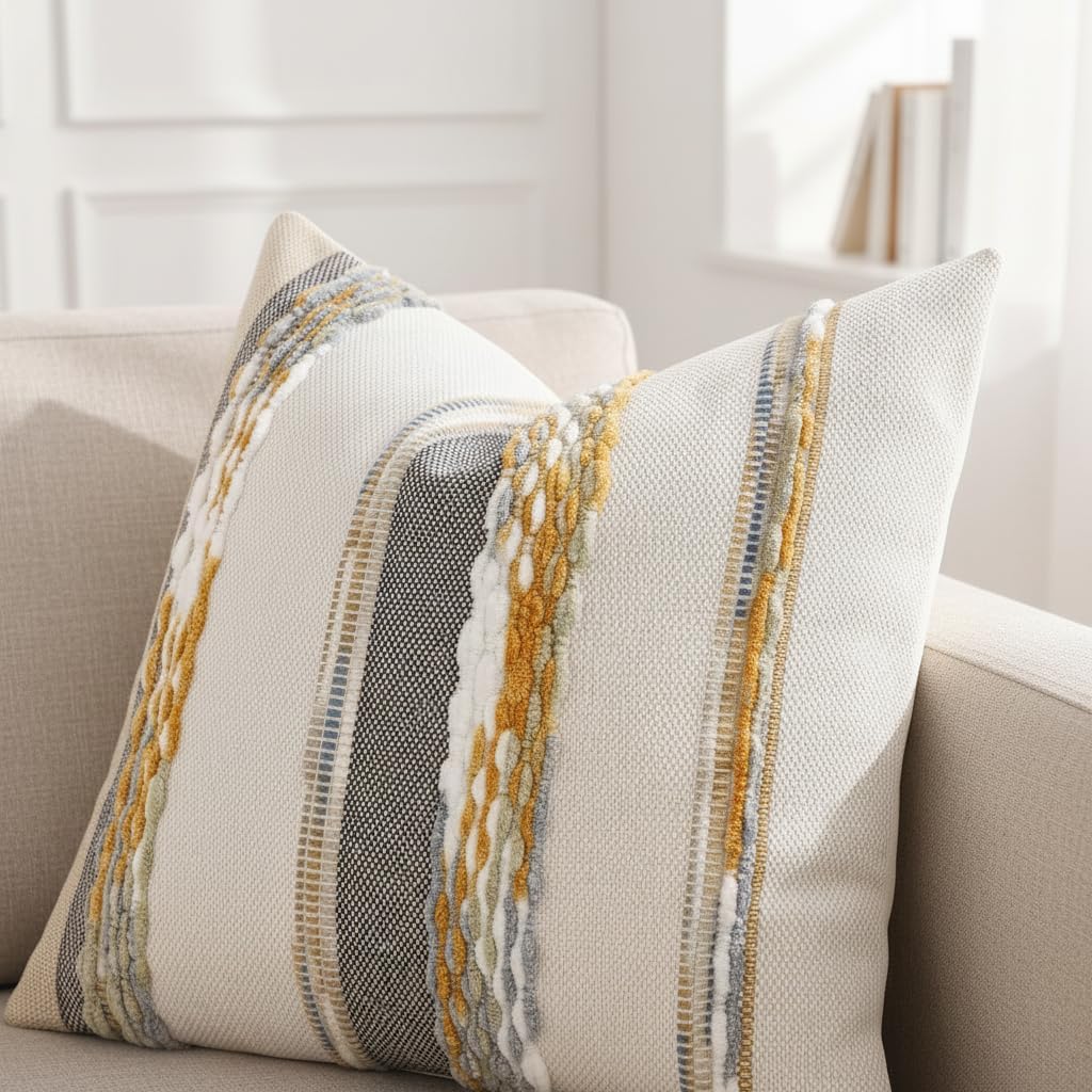 Boho Tufted Throw Pillow Covers 18x18 Set of 2 Striped Decorative Pillow Cases Accent Chenille Pillowcases Farmhouse Cushion Case Fall Autumn Home Decor for Sofa Bed Living Room,Yellow and Gray