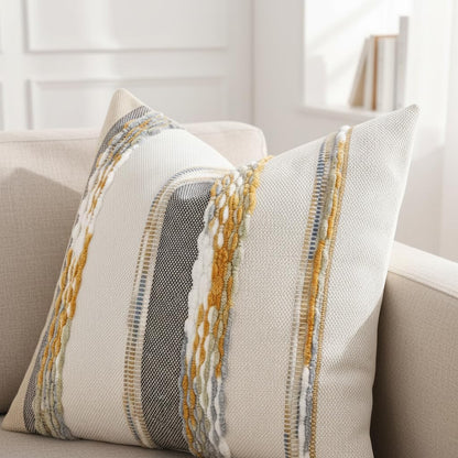 Boho Tufted Throw Pillow Covers 18x18 Set of 2 Striped Decorative Pillow Cases Accent Chenille Pillowcases Farmhouse Cushion Case Fall Autumn Home Decor for Sofa Bed Living Room,Yellow and Gray