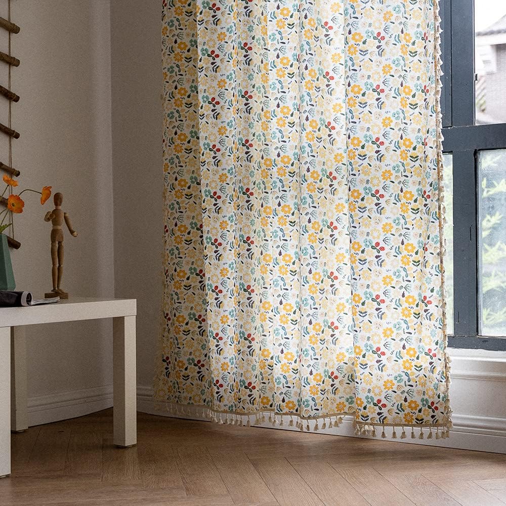 Floral Curtains 63 Inch Length 2 Panels Tassel Boho Semi-Sheer Drapes Bedroom Living Room Farmhouse Short Rustic Country Yellow Green Flower Rod Pocket Cotton Linen Blend Window Curtain Panel