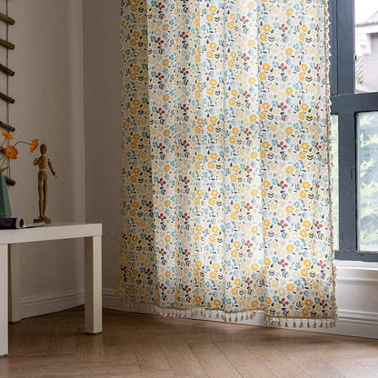 Floral Curtains 63 Inch Length 2 Panels Tassel Boho Semi-Sheer Drapes Bedroom Living Room Farmhouse Short Rustic Country Yellow Green Flower Rod Pocket Cotton Linen Blend Window Curtain Panel