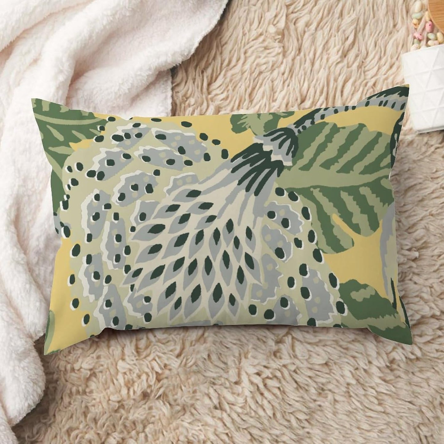 ArogGeld Green Grey Yellow Chinoiserie Floral Farmhouse Lumbar Pillow Covers Green and Yellow Flower White Linen Cushion Cover Japanese Chinoiserie Pillow Case for Living Room Bedroom 16x24in