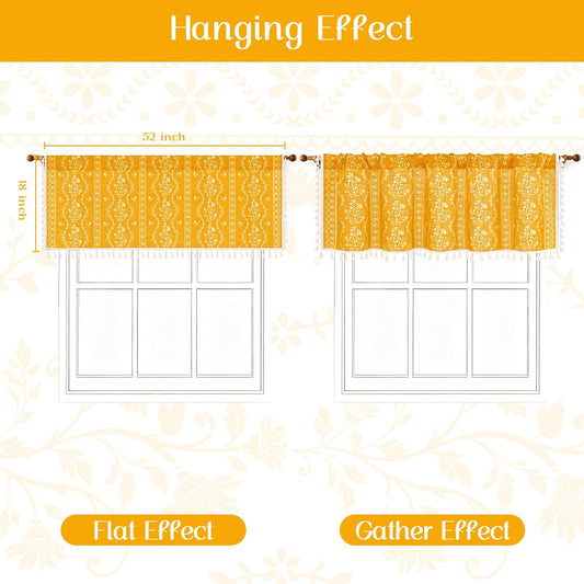 Yinhua Boho Valance Curtains Vintage Linen Yellow Kitchen Valances for Windows Light Filtering Bohemian Floral Valance Rod Pocket Farmhouse Tassel Window Valances for Bathroom Cafe, 52" W X 18" L