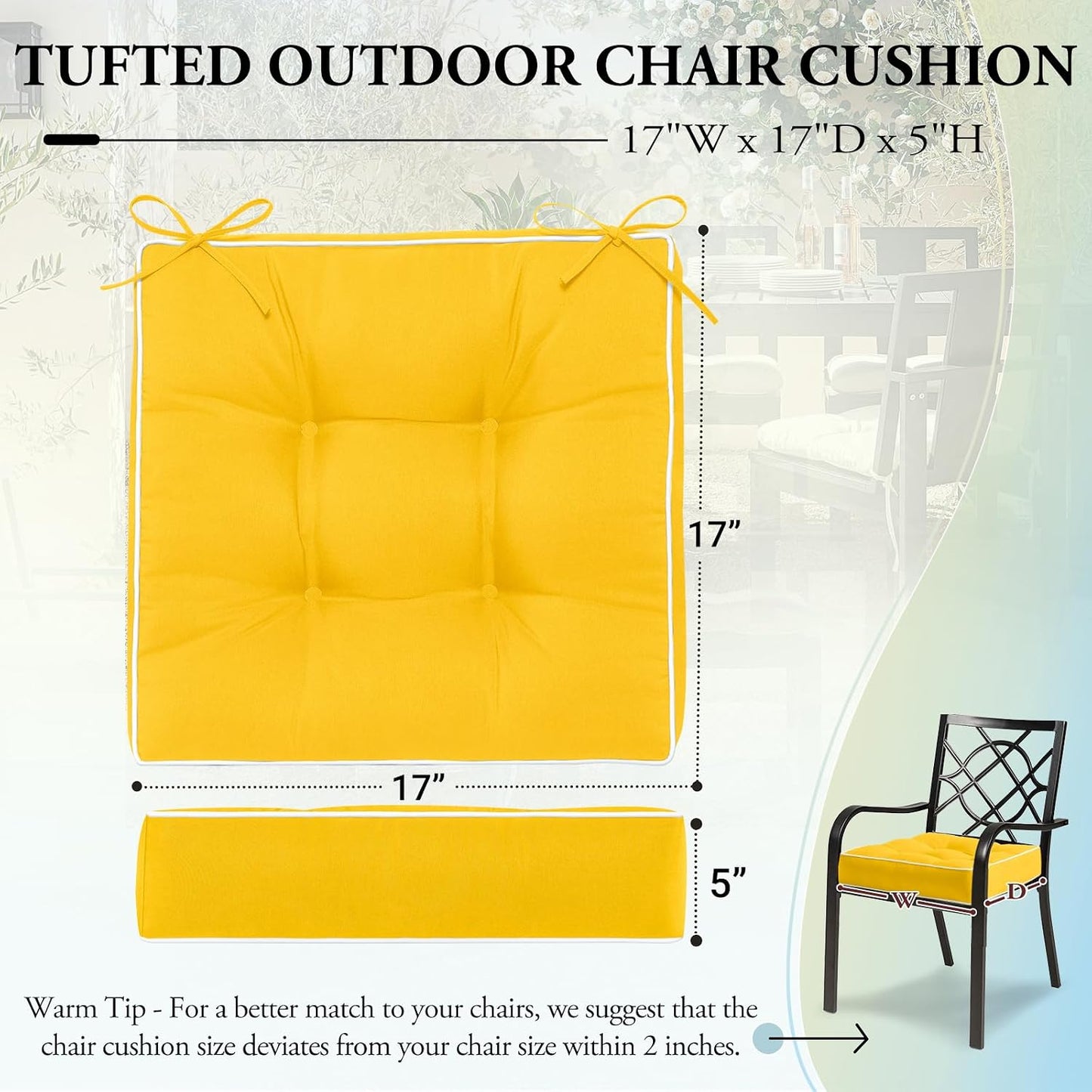 Wellsin Outdoor Chair Cushions Set of 2, Patio Cushions for Outdoor Furniture, Tufted Waterproof Outdoor Chair Pads, 17 x 17 Inch, Yellow