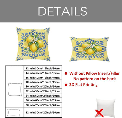 Lemon Throw Pillow Covers Set of 4, Farmhouse Rustic Flower Blue Pattern Summer Yellow with Hidden Zipper Cushion Covers Pillow for Living Room Bedroom Loft Office Car Decor 16x16 Inch