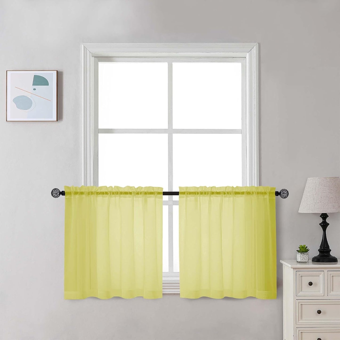 Chyhomenyc Sheer Lemon Tier Curtains 24 Inch Length Set, Small Window Kitchen Curtains for Bathroom Living Room Basement, Farmhouse Short Voile Curtain 42Wx24L, Rod Pocket, 2 PCS