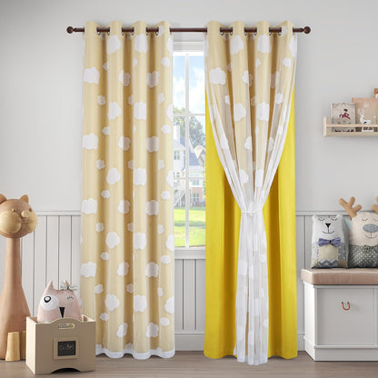 Yellow Blackout Curtains for Nursery Double Layer Curtains with Cute Cloud Pattern Sheer Overlay Grommet Room Darkening Drapes for Kids Room 2 Panels Set, W52 X L84