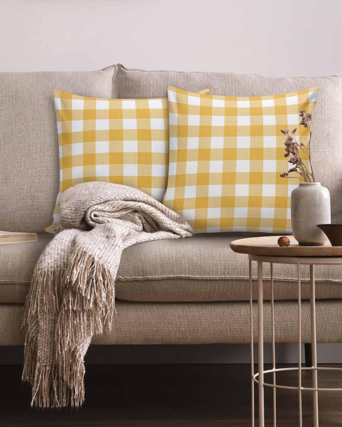Yellow Buffalo Check Plaid Pillow Covers 18x18 Set of 2, Cotton Linen Reversible Throw Pillows Covers for Outdoor Couch Sofa Living Room, Farmhouse Style Decorations Pillow Cases Cushion Cover