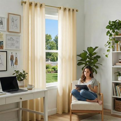 Vangao Linen Striped Curtains for Living Room Bedroom Farmhouse Tickingstripe Light Filtering Window Curtains Printed Drapes Grommet Top 2 Panels Mustard Yellow on Off White W50 x L84 Inch