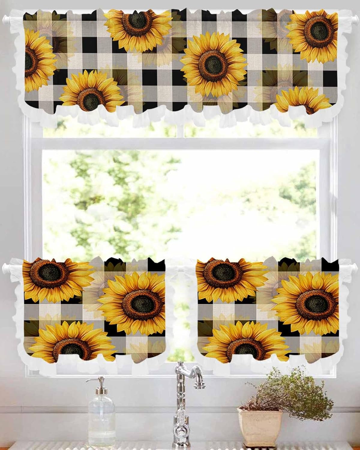 Abstract Yellow Sunflower Sheer Kitchen Curtains and Valance Set Black White Plaid Linen Texture Ruffle Tier Curtain Light Filtering Small Window Drapes for Cafe Living Room, 3 Pieces, 54" x 24"