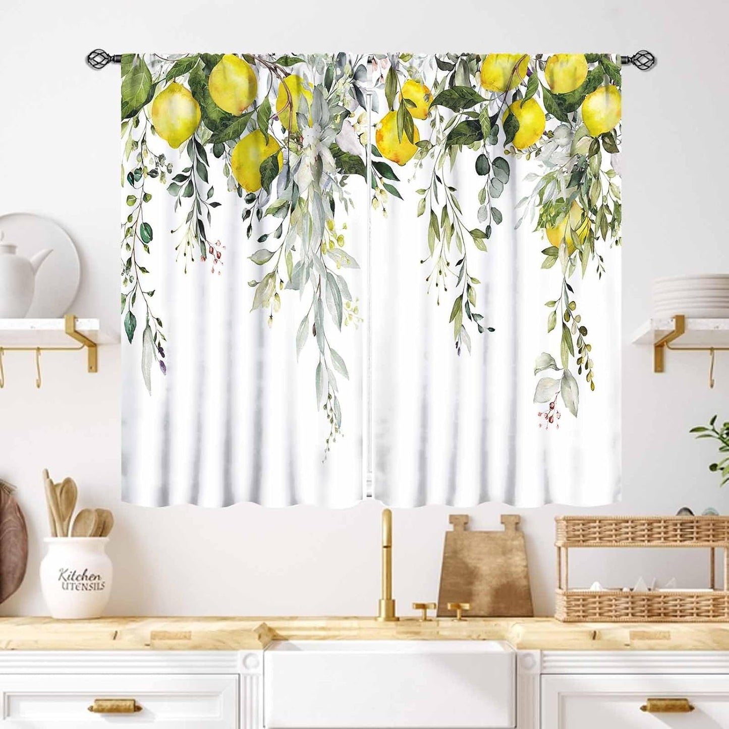 Yellow Lemon Kitchen Window Curtains,Eucalyptus Botanical Leaves Herb Plant Floral Fruit Rural Farmhouse Spring Summer Bedroom Living Room Bathroom 2 Panels,55X39 Inch