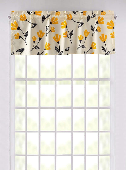 DaDa Bedding Botanical Yellow Fleur Floral Window Curtain - Semi Sheer Valance Spring Country Farmhouse Pale Ivory Background - Golden Orange Straight Tailored Edge Kitchen Decor - 18" x 52"