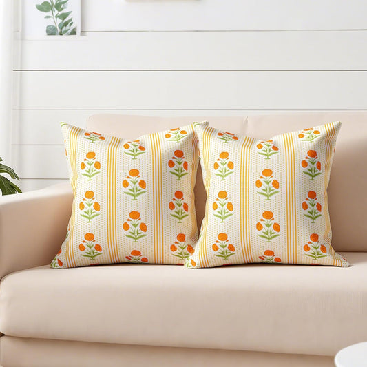 Vintage Floral Pillow Cover 18x18 Set of 2, Block Print Marigold Flowers Striped Decorative Canvas Throw Pillow Cushion Cases Farmhouse Decor for Outdoor Couch Bedroom Car Yellow